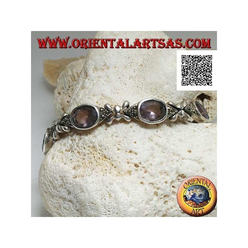 Silberarmband mit 7 Markasit-Shuttles mit zentralem natürlichem ovalem Amethyst im Wechsel mit Silberkreuzen