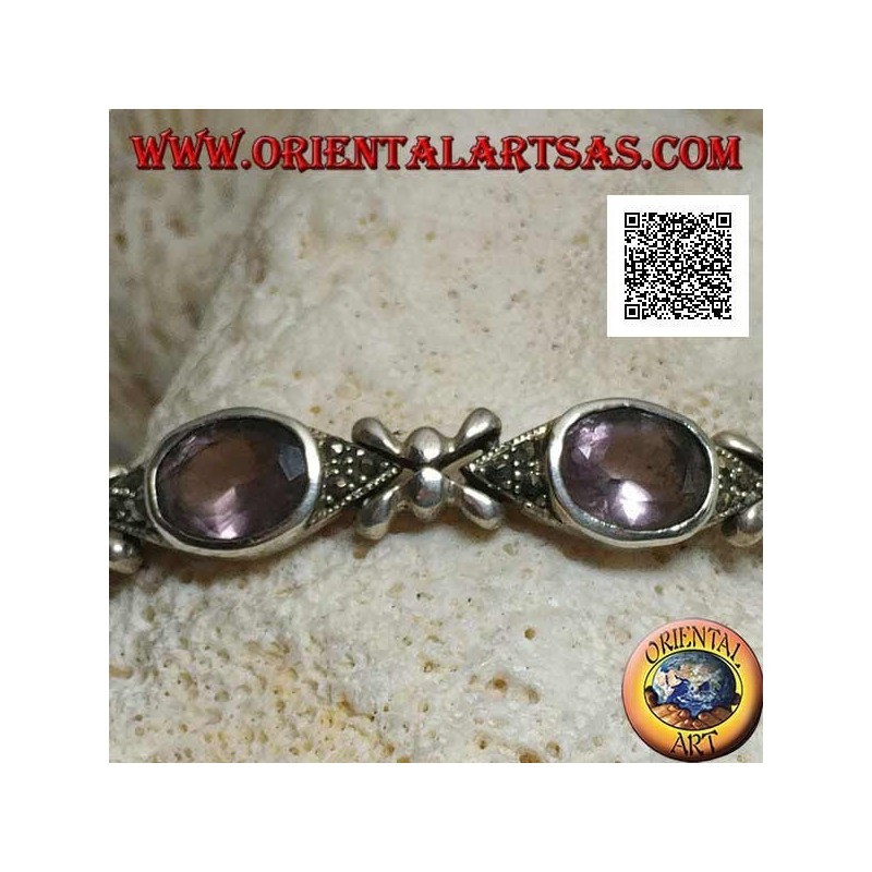 Silberarmband mit 7 Markasit-Shuttles mit zentralem natürlichem ovalem Amethyst im Wechsel mit Silberkreuzen
