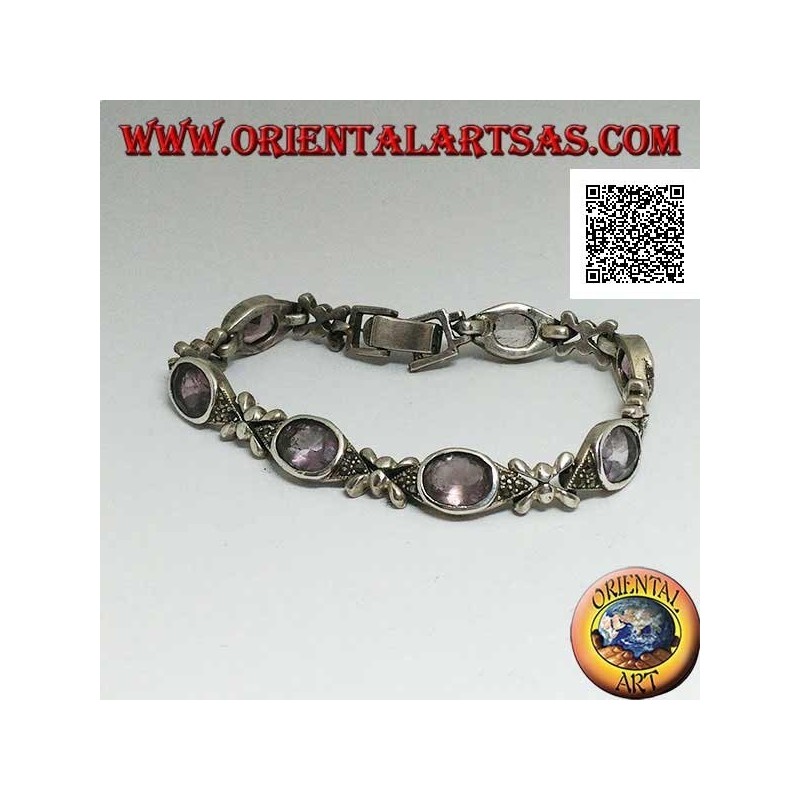 Silberarmband mit 7 Markasit-Shuttles mit zentralem natürlichem ovalem Amethyst im Wechsel mit Silberkreuzen