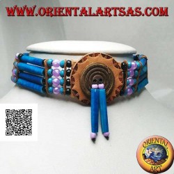 American Indian choker necklace in turquoise leather and bone, black, turquoise and fuchsia beads