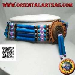 Collier ras de cou amérindien en cuir turquoise et os, perles noires, turquoises et fuchsia