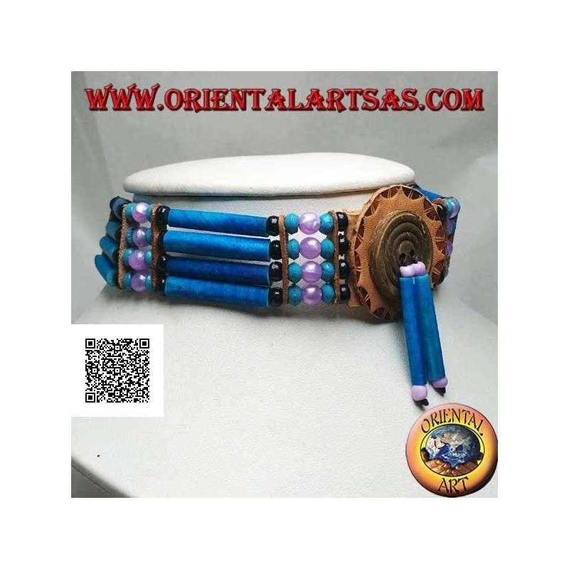 Collana girocollo indiani d'America in cuoio e osso color turchese, perline nere, turchese e fucsia