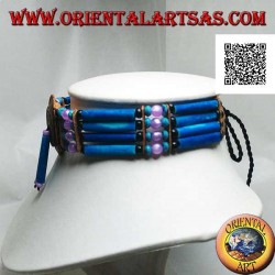 American Indian choker necklace in turquoise leather and bone, black, turquoise and fuchsia beads