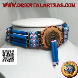 American Indian Choker Halskette aus türkisfarbenem Leder und Knochen, Perlen in Schwarz, Türkis und Fuchsia
