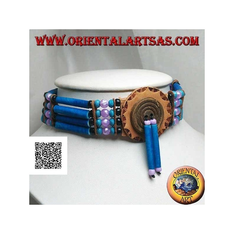 Collana girocollo indiani d'America in cuoio e osso color turchese, perline nere, turchese e fucsia