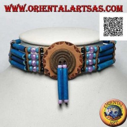 Collier ras de cou amérindien en cuir turquoise et os, perles noires, turquoises et fuchsia