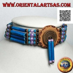 American Indian choker necklace in turquoise leather and bone, black, turquoise and fuchsia beads