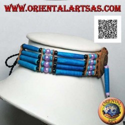 Collier ras de cou amérindien en cuir turquoise et os, perles noires, turquoises et fuchsia