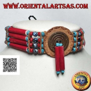 Gargantilla de indio americano en hueso de color coral y cuentas de mármol negro y azul