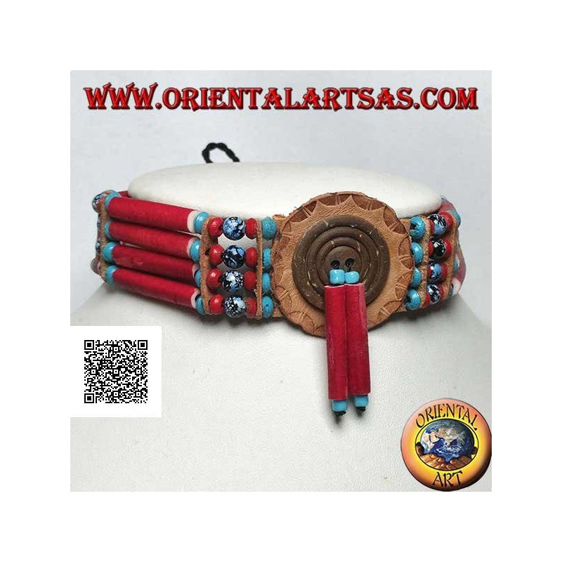 American Indian Choker Halskette aus korallenfarbenen Knochen und marmorierten schwarzen und blauen Perlen