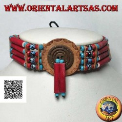 American Indian choker necklace in coral colored bone and marbled black and blue beads