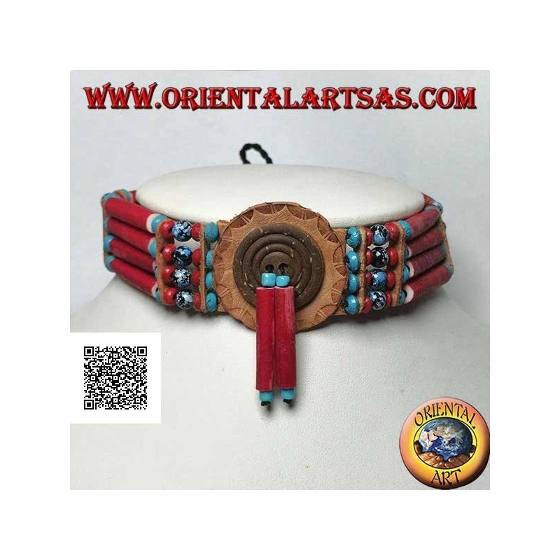 Collana girocollo indiani d'America in osso color corallo e perline nere e blu marmorizzate