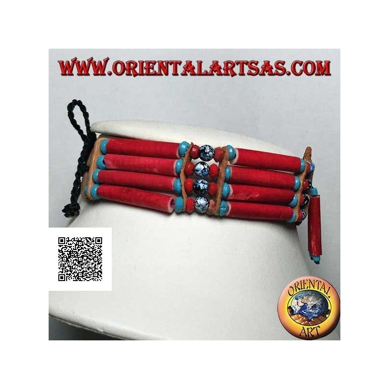 Collana girocollo indiani d'America in osso color corallo e perline nere e blu marmorizzate