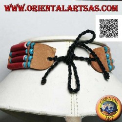 Collier ras de cou amérindien en os couleur corail et perles marbrées noires et bleues