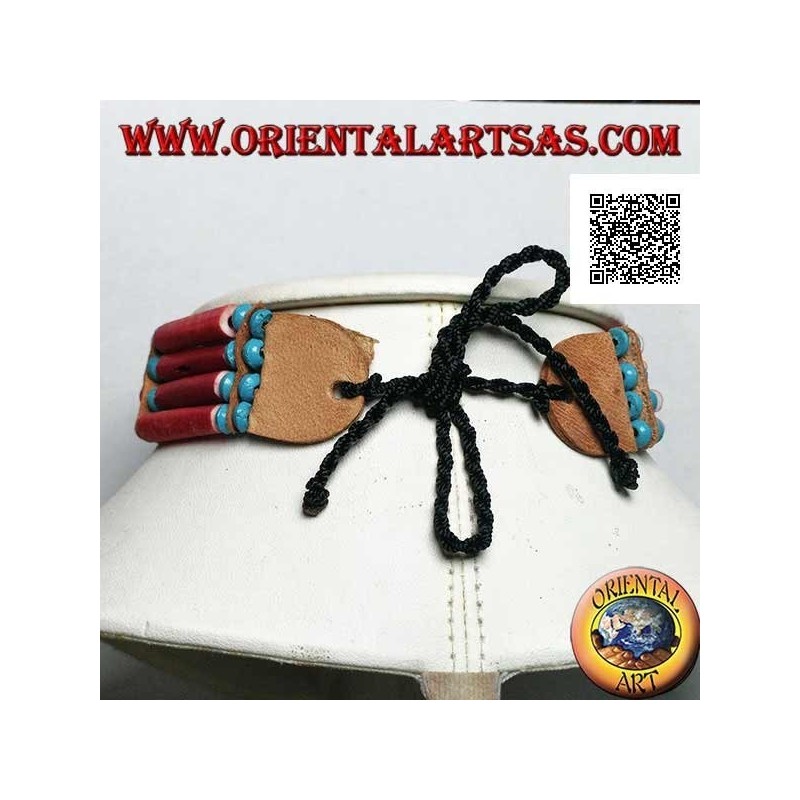 Collana girocollo indiani d'America in osso color corallo e perline nere e blu marmorizzate