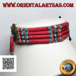 American Indian Choker Halskette aus korallenfarbenen Knochen und marmorierten schwarzen und blauen Perlen