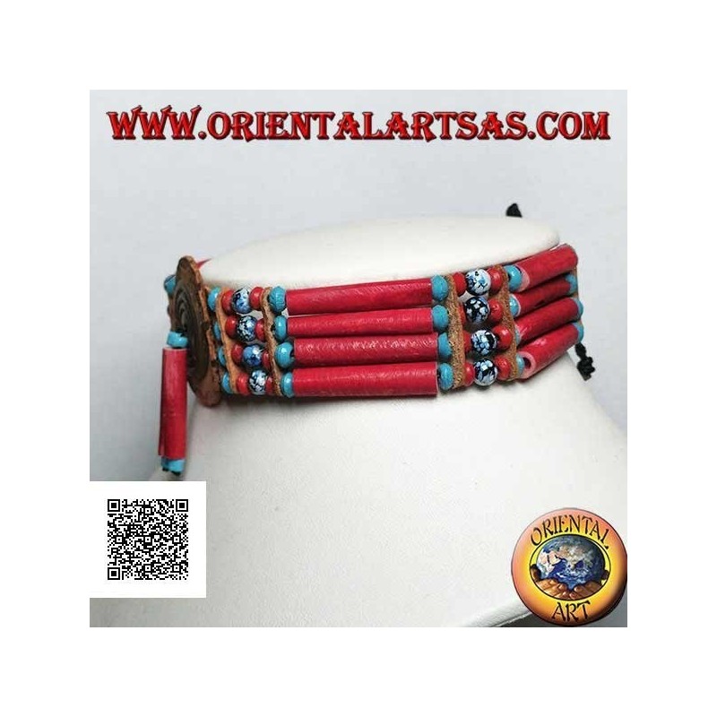Collana girocollo indiani d'America in osso color corallo e perline nere e blu marmorizzate