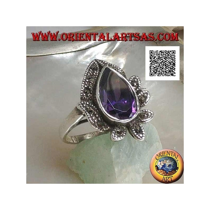 Anello in argento con zircone color ametista a goccia grande contornato da foglie tempestate di marcassite