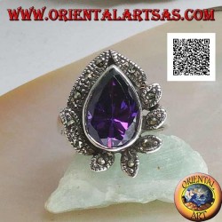 Silver ring with large drop amethyst colored zircon surrounded by leaves studded with marcasite