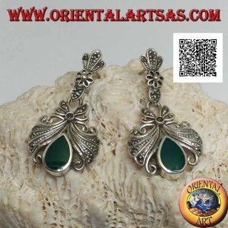 Silver lobe earrings with large bow studded with pendant marcasite and green drop agate