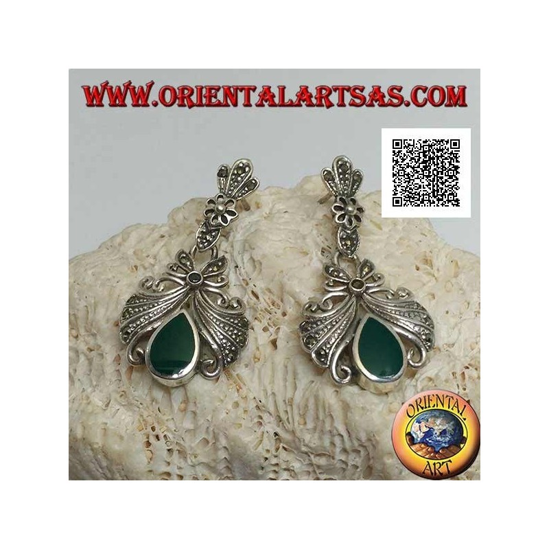 Boucles d'oreilles lobe en argent avec grand noeud parsemé d'un pendentif en marcassite et agate goutte verte