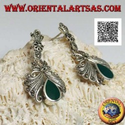 Boucles d'oreilles lobe en argent avec grand noeud parsemé d'un pendentif en marcassite et agate goutte verte