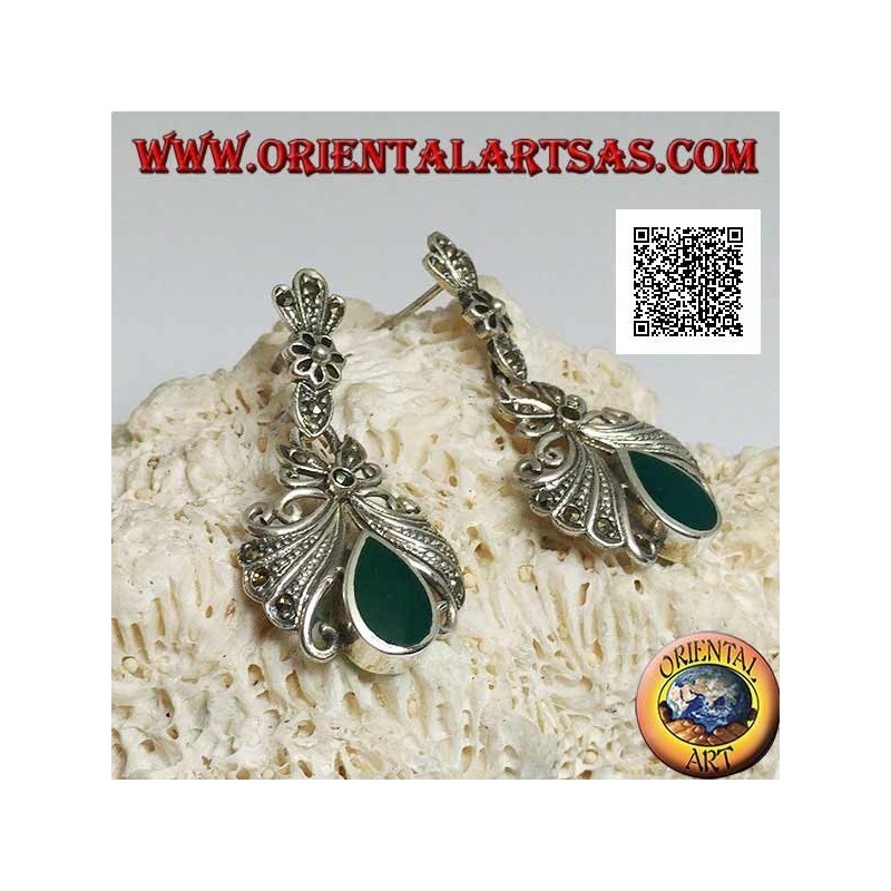 Silver lobe earrings with large bow studded with pendant marcasite and green drop agate