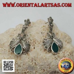 Silver lobe earrings with large bow studded with pendant marcasite and green drop agate