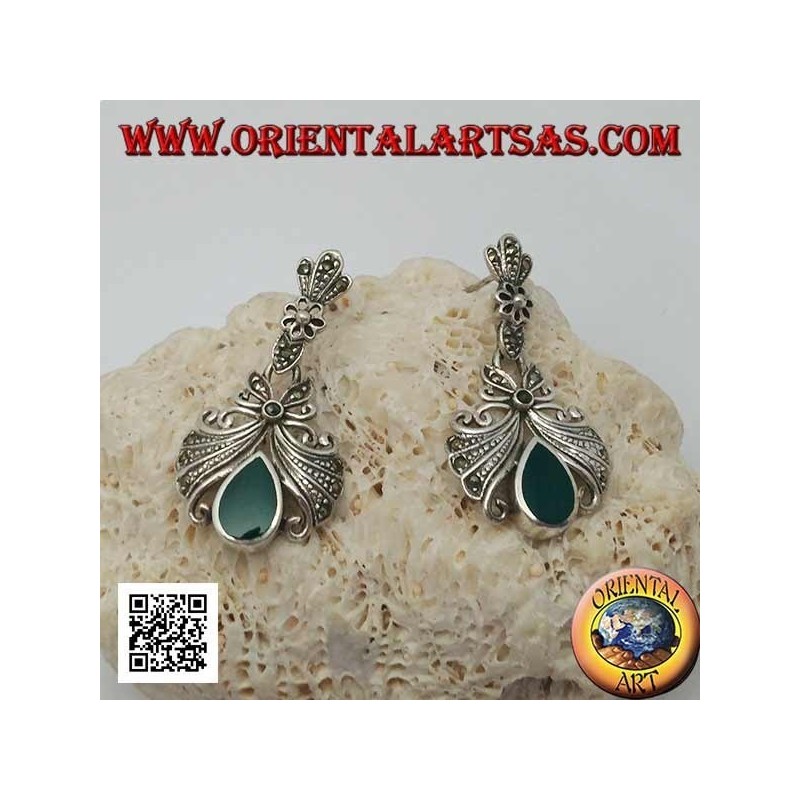 Pendientes de lóbulo plateado con gran lazo tachonado con marcasita colgante y ágata verde
