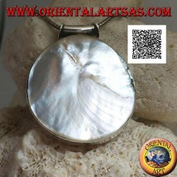 Silver pendant with large round mother-of-pearl on a smooth side frame and tubular hook