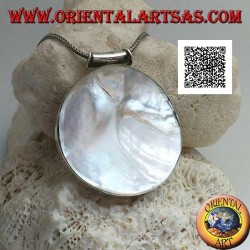 Silver pendant with large round mother-of-pearl on a smooth side frame and tubular hook