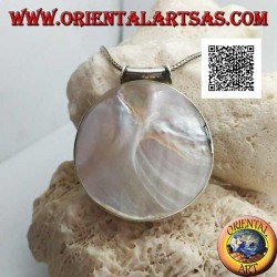 Silver pendant with large round mother-of-pearl on a smooth side frame and tubular hook