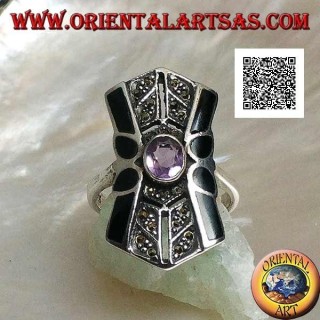 Silver ring with oval natural amethyst on a square frame with marcasite and onyx decoration on the sides