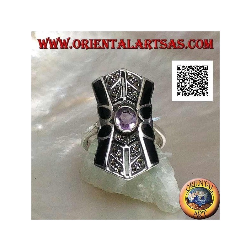 Silver ring with oval natural amethyst on a square frame with marcasite and onyx decoration on the sides