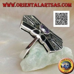 Silberring mit ovalem natürlichem Amethyst auf einem quadratischen Rahmen mit Markasit- und Onyxdekor an den Seiten