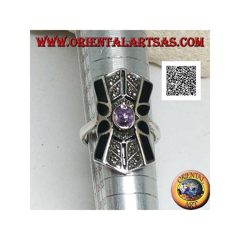 Silver ring with oval natural amethyst on a square frame with marcasite and onyx decoration on the sides