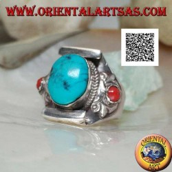 Silver ring with natural Tibetan antique oval turquoise with coral on the sides on a Nepalese setting