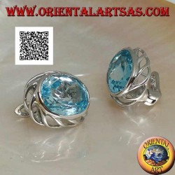 Silver lobe earrings with blue oval topaz on with openwork weave on the sides and lever closure