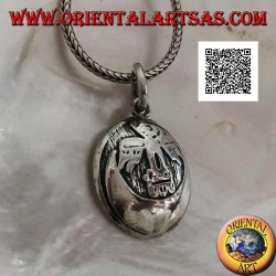 Round silver medal pendant with condor (sacred bird of the Inca civilization) on the moon