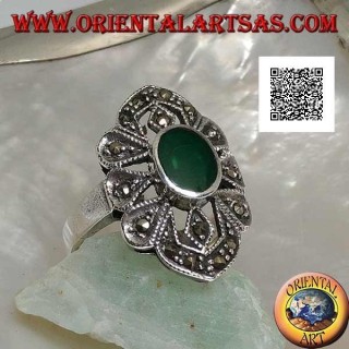 Silver ring with oval green agate on a geometric shape setting with marcasite