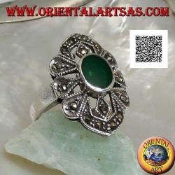 Silver ring with oval green agate on a geometric shape setting with marcasite
