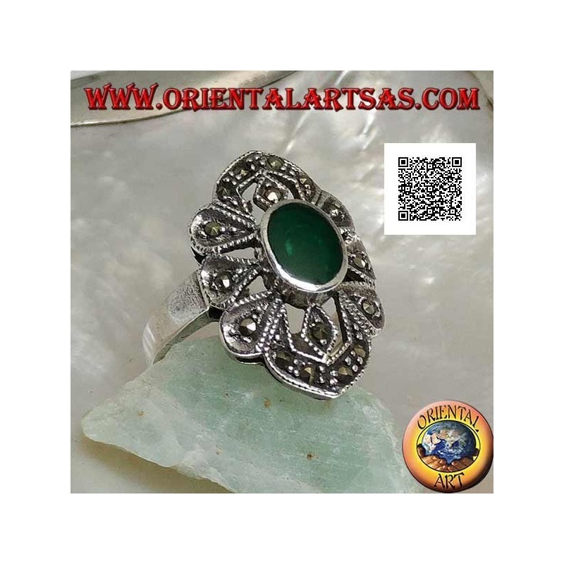 Silver ring with oval green agate on a geometric shape setting with marcasite