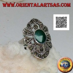 Silver ring with oval green agate on a geometric shape setting with marcasite
