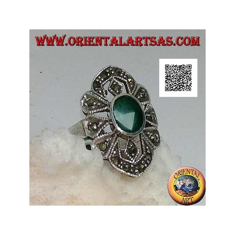 Silver ring with oval green agate on a geometric shape setting with marcasite
