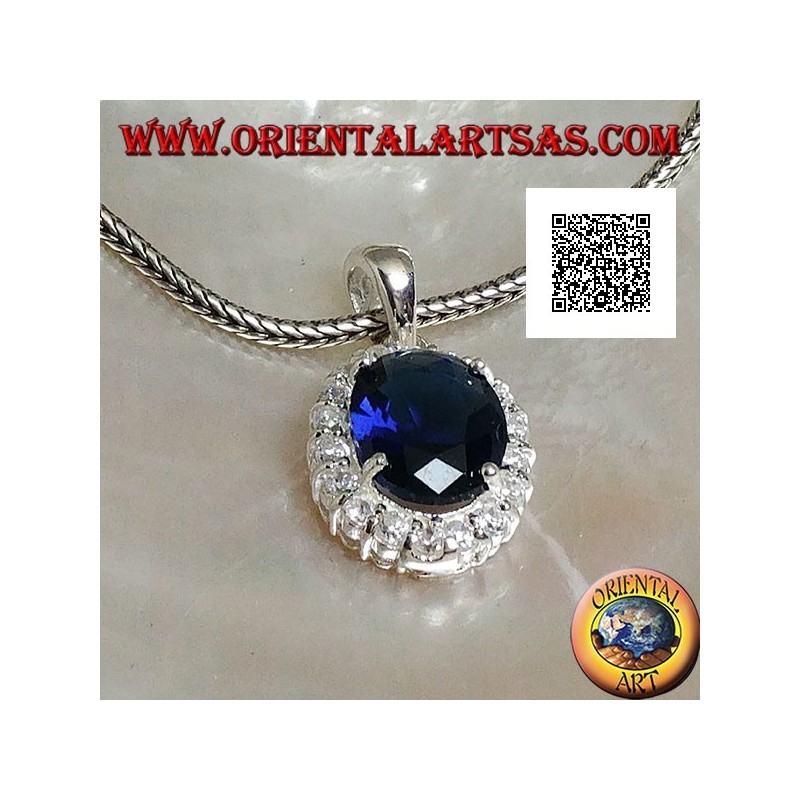 Silver pendant with oval sapphire zircon set surrounded by white zircons