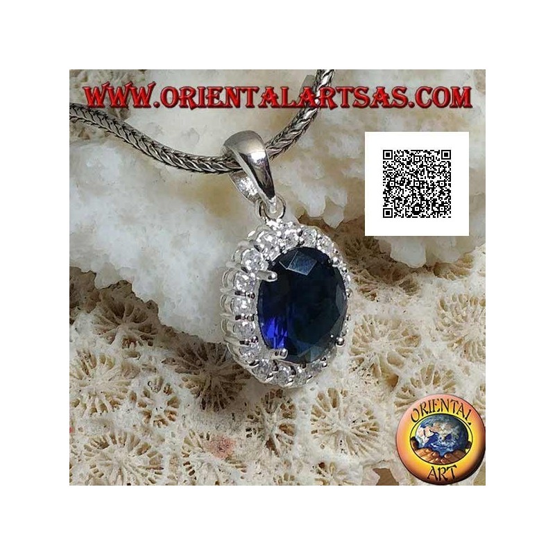 Pendentif en argent avec zircon saphir ovale serti de zircons blancs