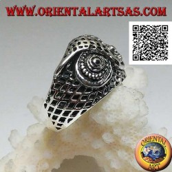 Silver ring in the shape of an owl head with eyes decorated with carvings