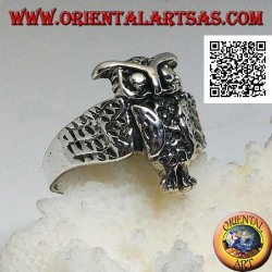 Silver ring in the shape of a whole owl with enveloping open wings