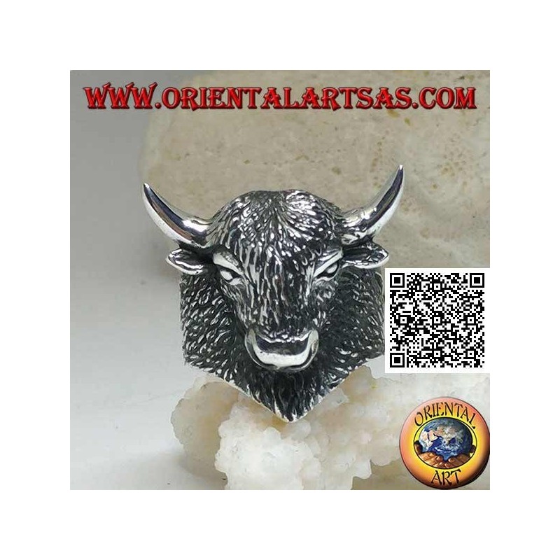 Anello in argento a forma di testa di bisonte americano completamente inciso (grande)
