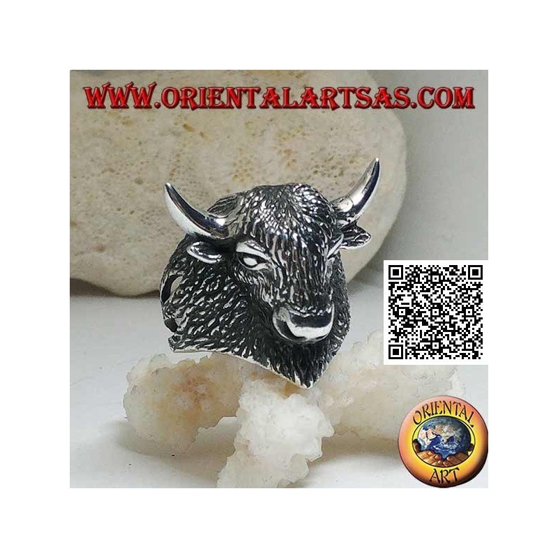 Bague en argent en forme de tête de bison d'Amérique entièrement gravée (grande)